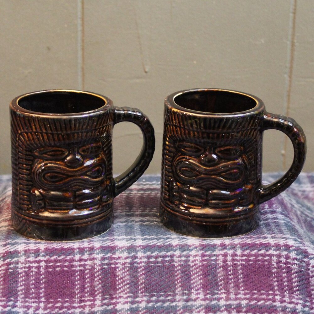 Brown Pottery Tiki Mugs Set of Two